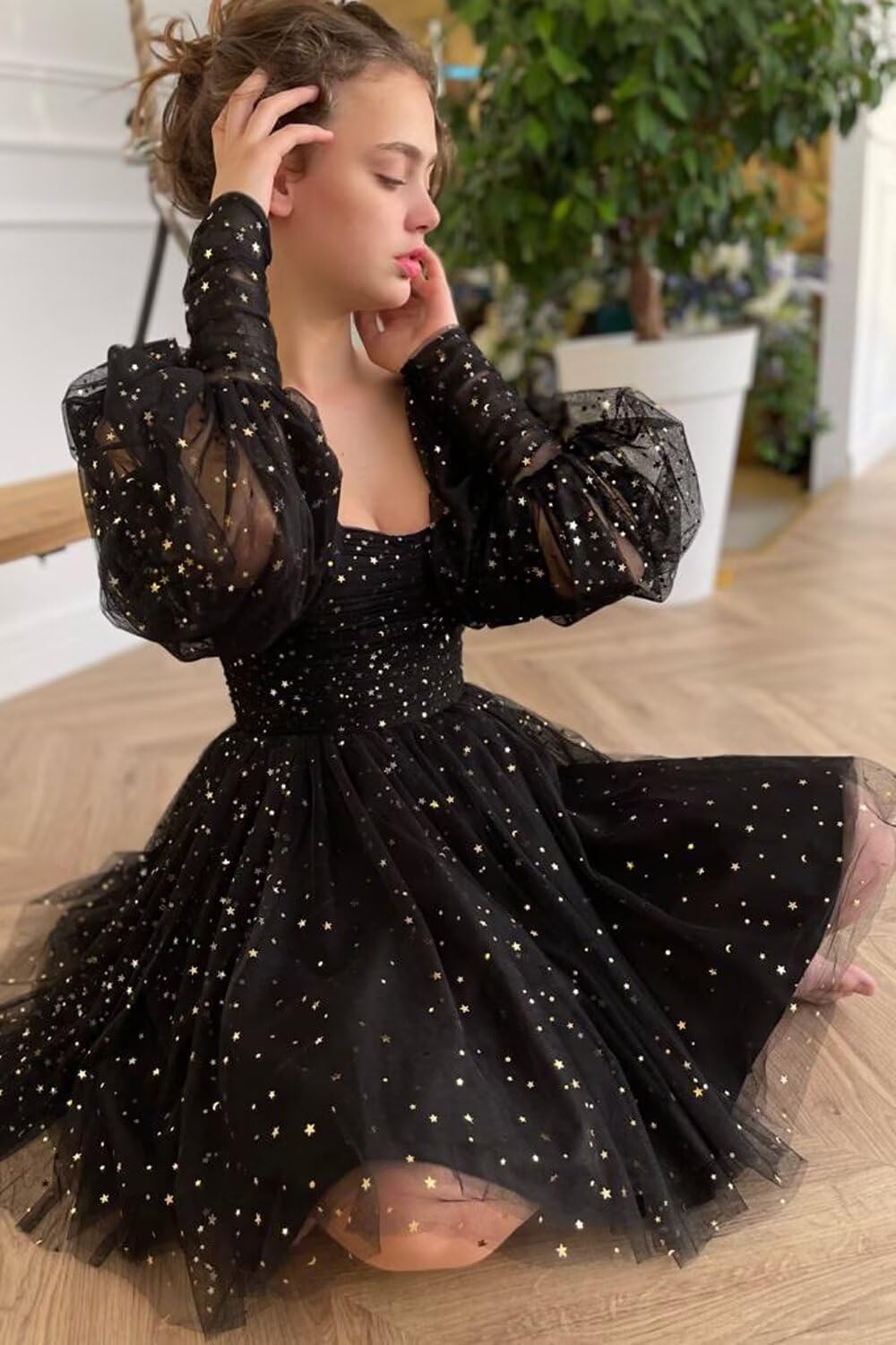 Xijun Sparkle Starry Tulle Homecoming Dress for Teens Puffy Sleeve Prom Dress Formal Evening Gowns with Pockets - Image 2