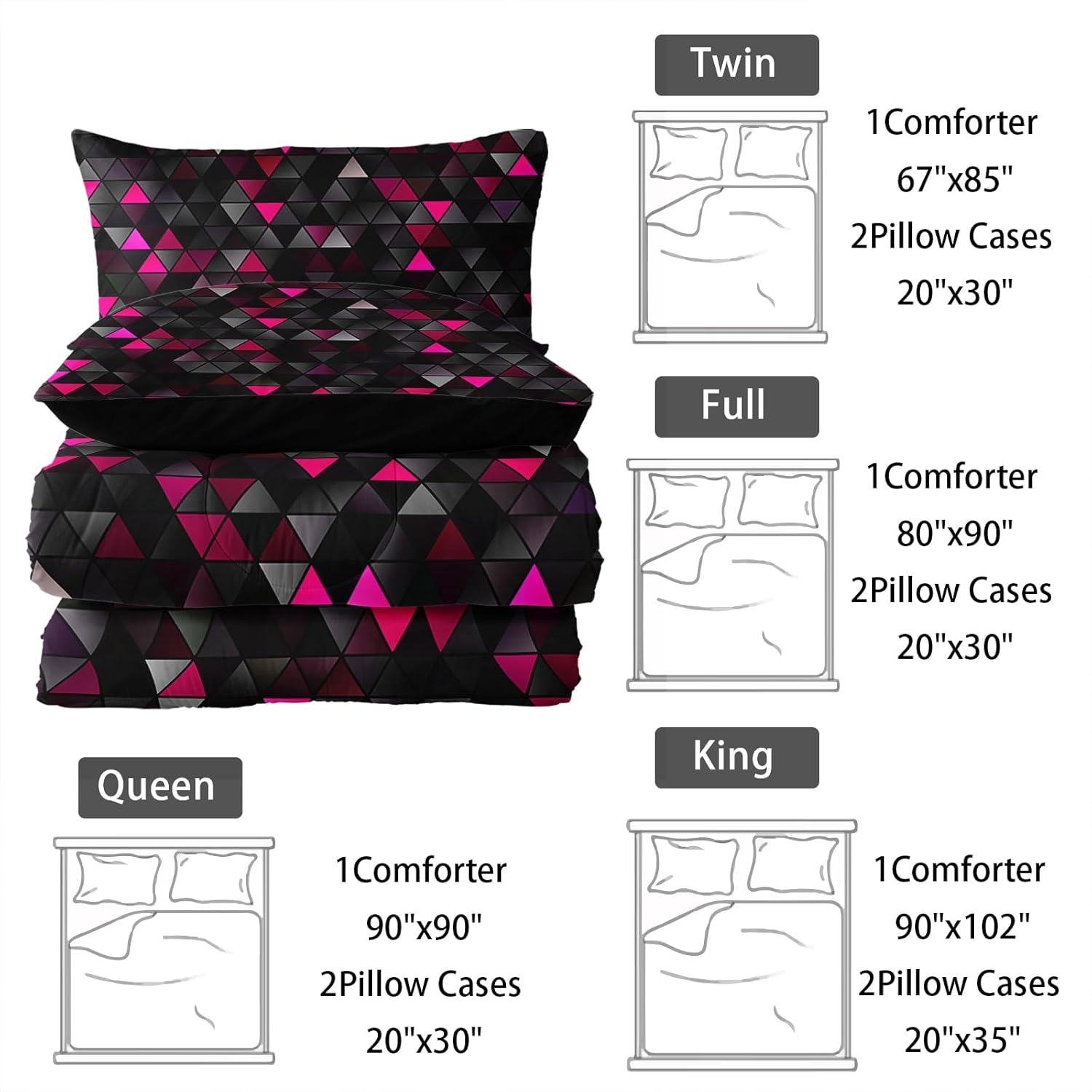 Nttopship Geometric Pink Black Comforter Set,Triangle Honeycomb 3 PCS Bedding Set Twin Size for Teen Adult,Modern Quilt Set Geometry Decor,Microfiber Lightweight 1 Comforter 2 Pillowcases