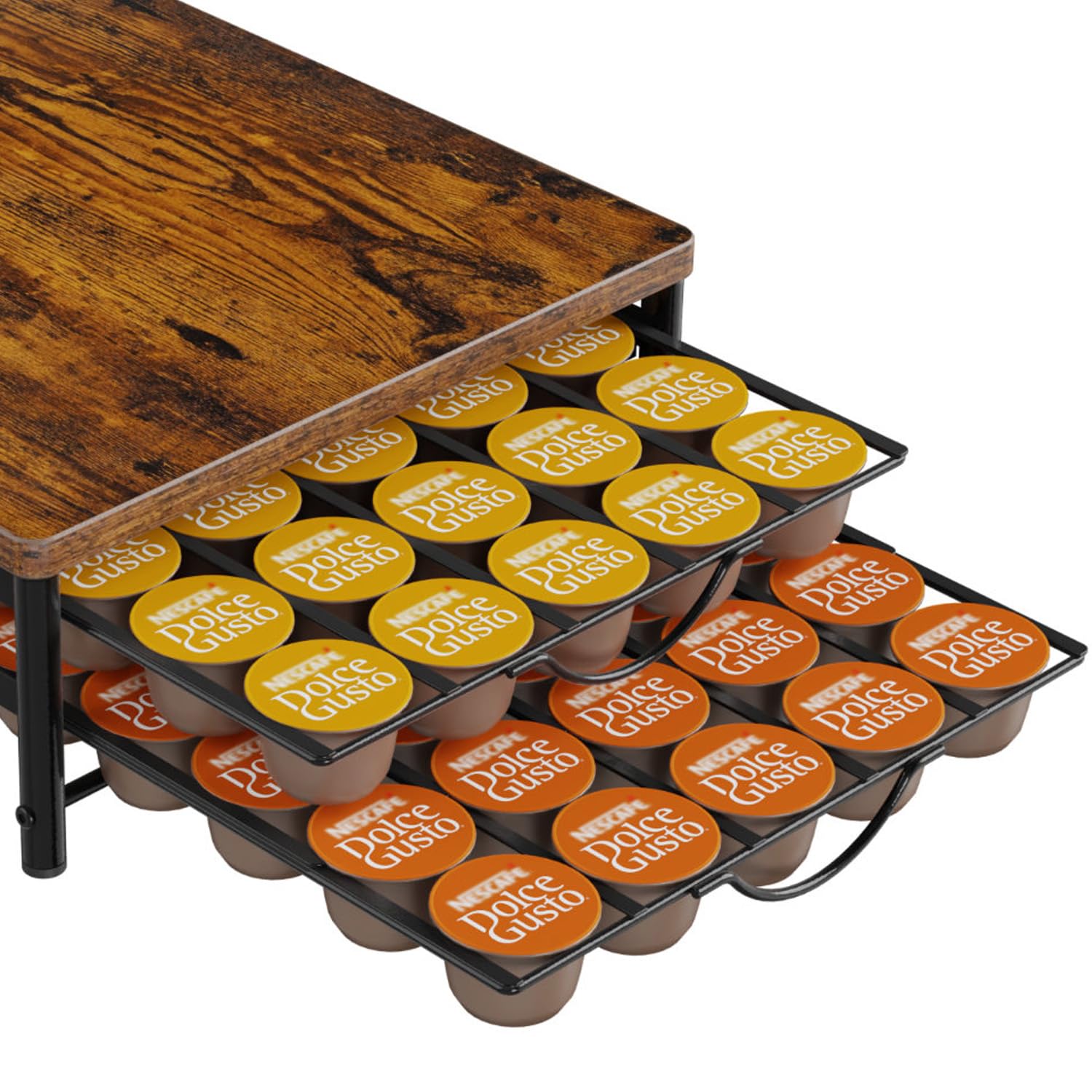 Coffee Pod Holder for Dolce Gusto, 60 Capsules Storage Drawer, 2 Tier Vintage Coffee Pod Storge, Metal Pods Organizer Drawer with Non-Slip Feet Silent Sliding for Dolce Gusto Machine Kitchen Office