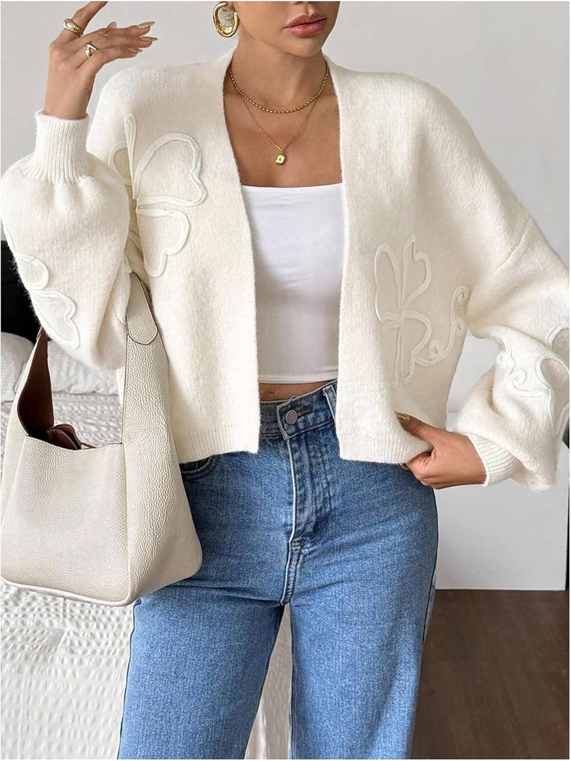 SOLY HUX Women's Floral Cropped Cardigan Sweater Open Front Long Sleeve Knit Casual Outerwear - Image 5