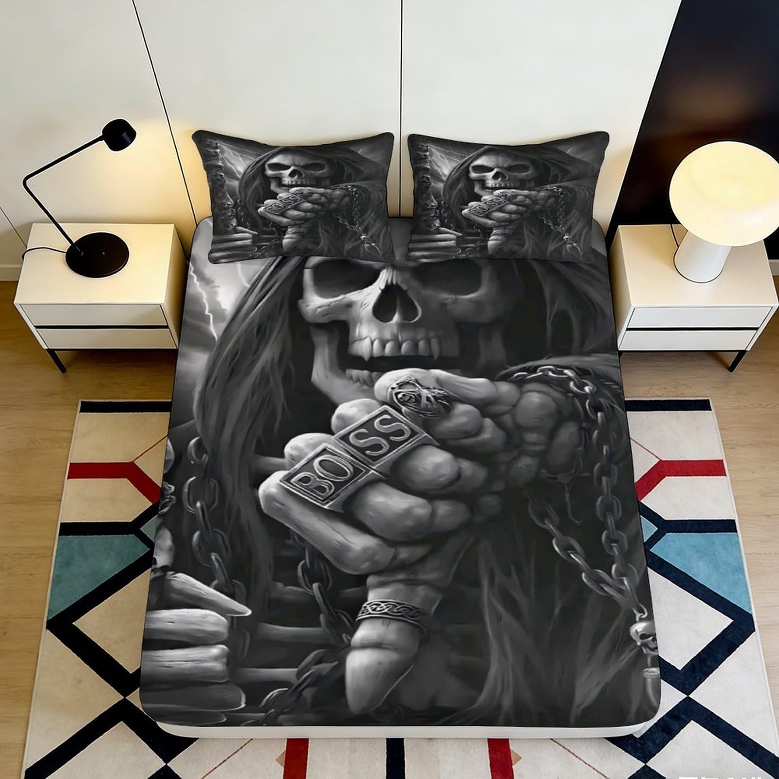 3D Printed Skull Pattern Fitted Sheet Microfiber Non-Slip Deep Pocket Bedroom Bedding Skull Mattress Fitted Cover 90x200x25cm