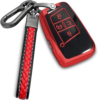 for Volkswagen key fob cover with metal/leather keychain,TPU 5 Buttons Key case,compatible with Tiguan Atlas Jetta Passat Golf Alltrack Remote smart Key,car Key Accessories,Red