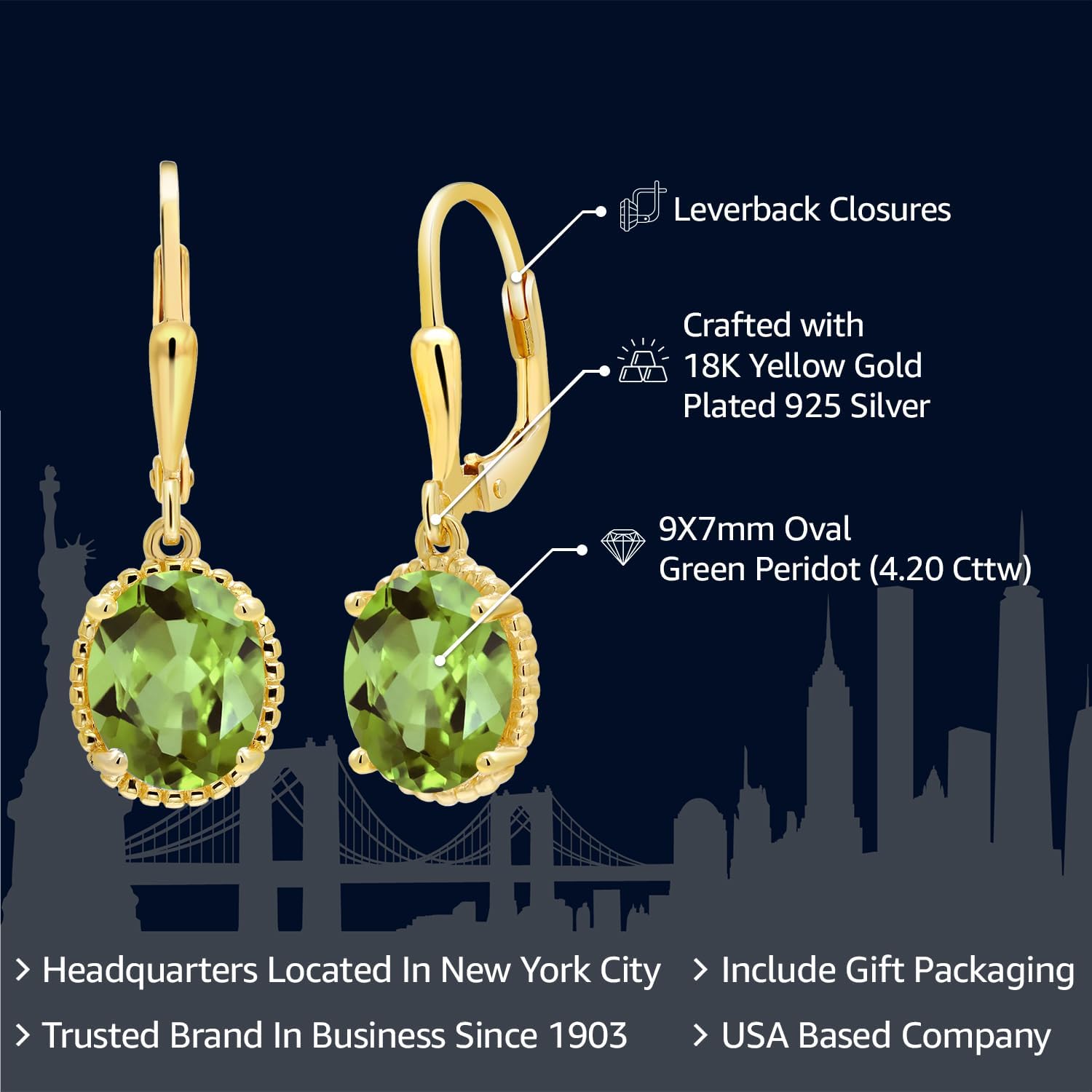 Gem Stone King 18K Yellow Gold Plated Silver Leverback Drop Dangle Earrings For Women | 9X7MM Oval Gemstone Birthstone | Gold Earrings | Fine Jewelry Gifts for Her Mom Women Wife - Image 2