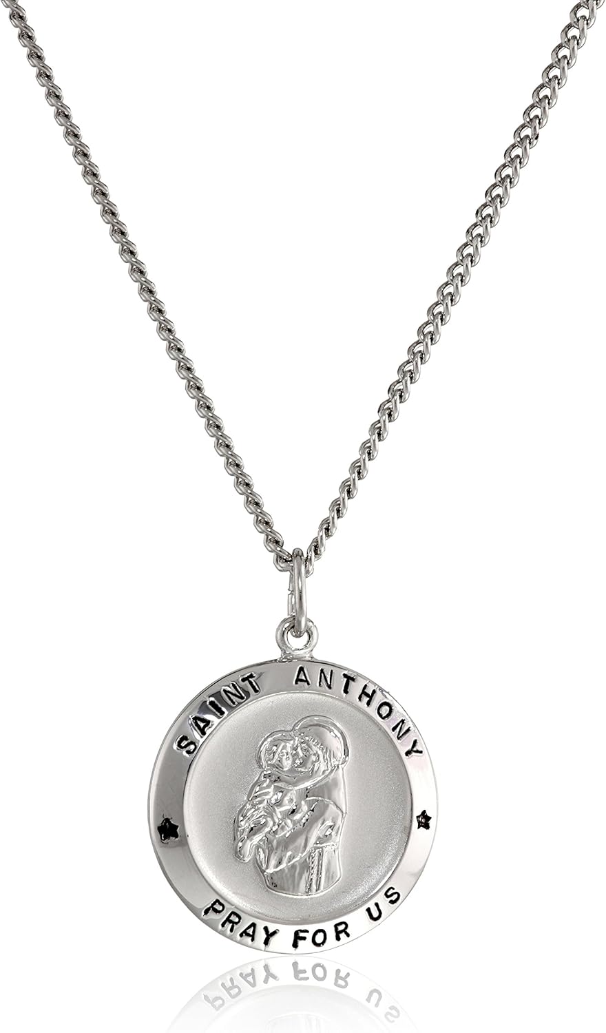 Amazon Essentials womens Sterling Silver Round Saint Anthony Pendant Necklace with Rhodium Plated Stainless Steel Chain, 20", (previously Amazon Collection)