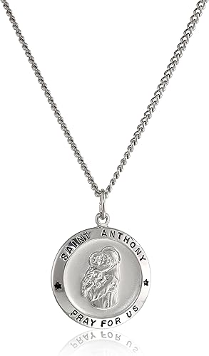 Tienda Collection Collar redondo de plata de ley con colgante de San Antonio con cadena de acero inoxidable chapada en rodio, 20 pulgadas