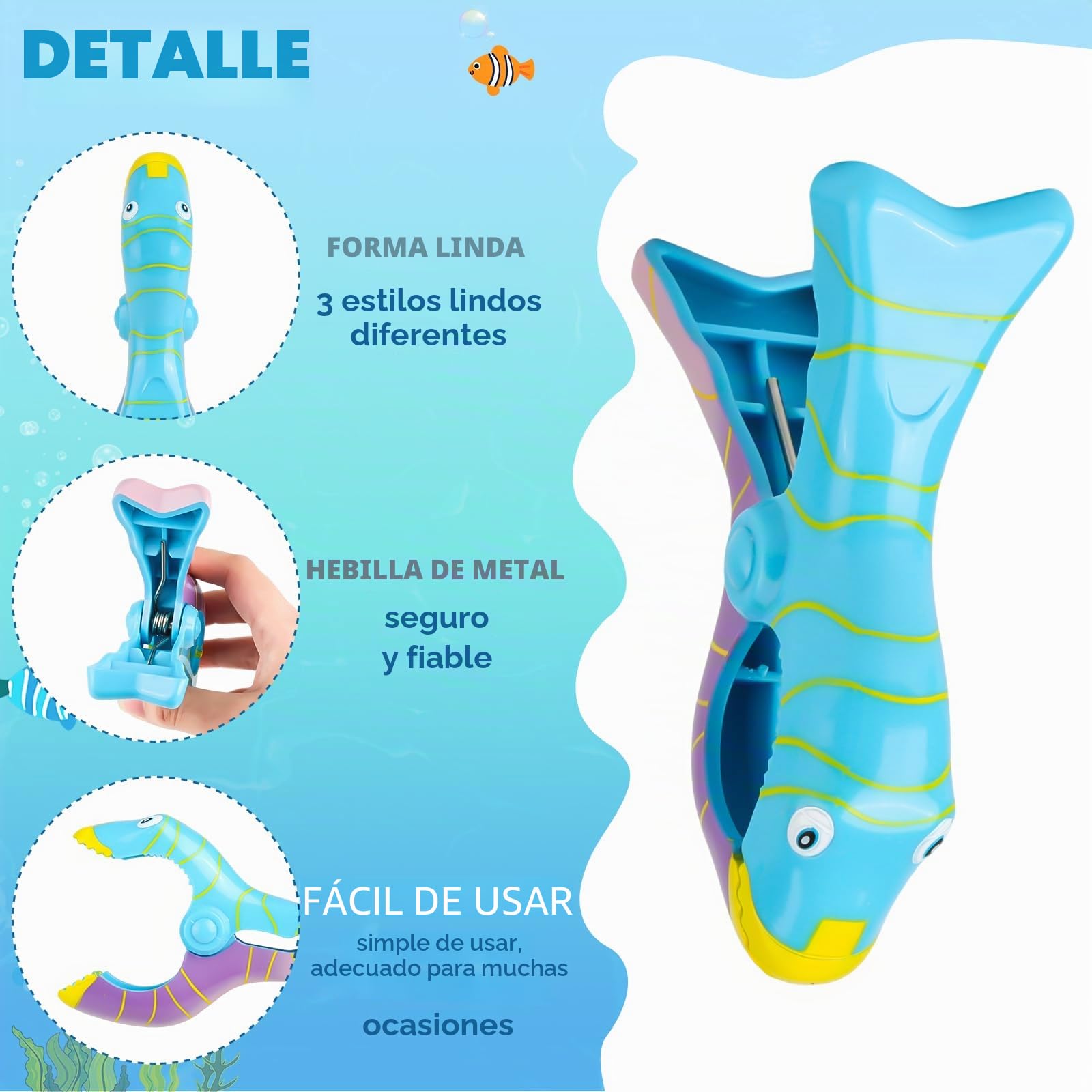 Pinzas para Toallas de Playa, 6 Piezas Clips para Toallas de Playa, Pez Payaso Pinzas para Toallas de Piscina, Pinzas Toalla Playa para Toalla de Playa,Toalla de Baño