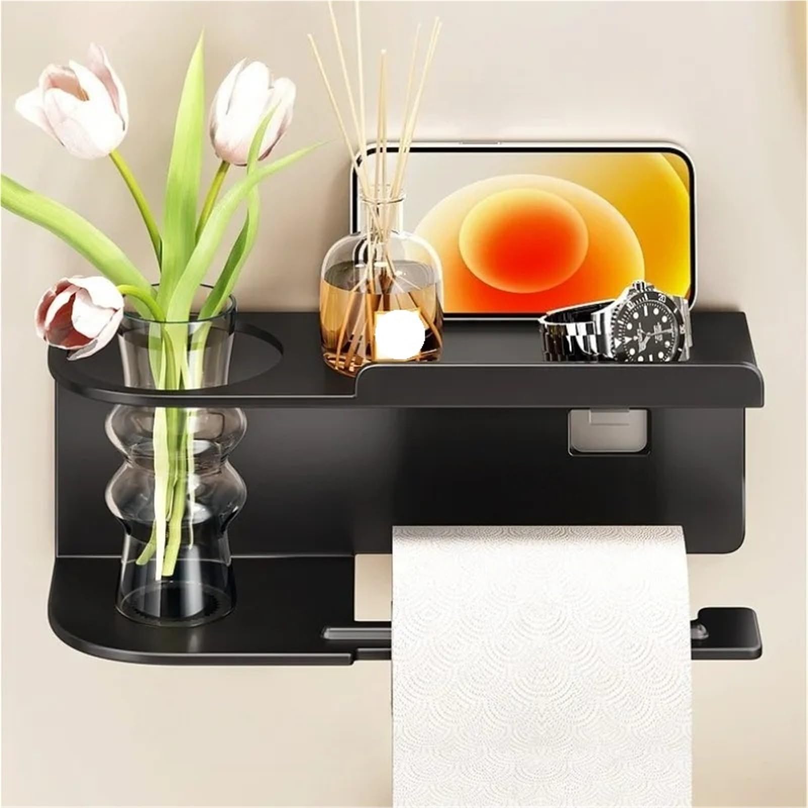 Portarotolo WC adesivo con mensola Porta carta igienica a parete | Con dispenser for rotoli e ripiano portaoggetti: organizer salvaspazio for il bagno di casa(Grey-B)