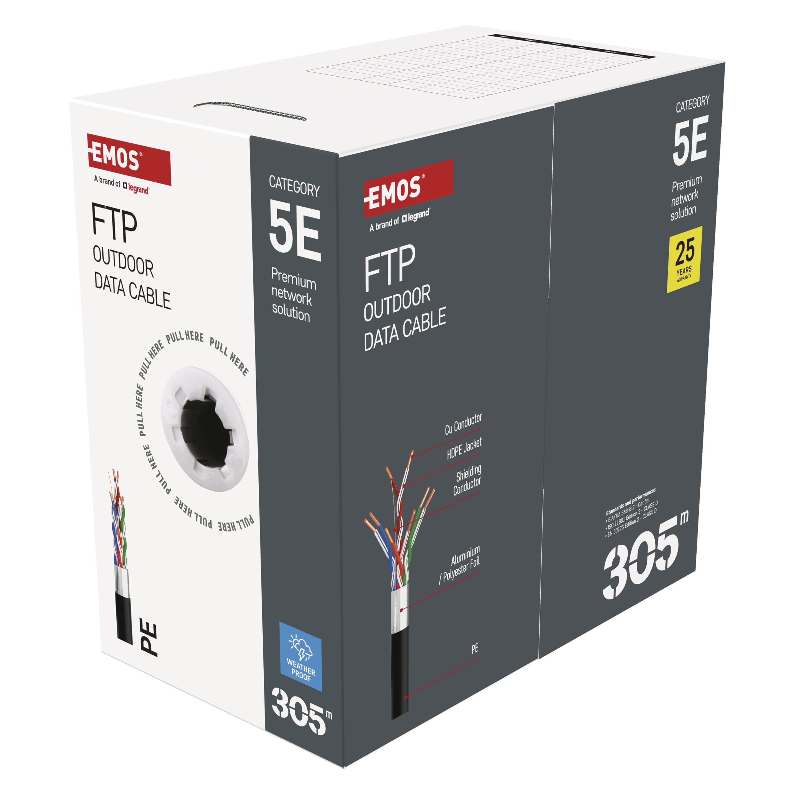 EMOS - Cavo di rete FTP CAT 5e, 305 m, PE - Cavo patch CAT5e FTP - Cavo LAN Gigabit - Cavo Ethernet schermato - per esterni