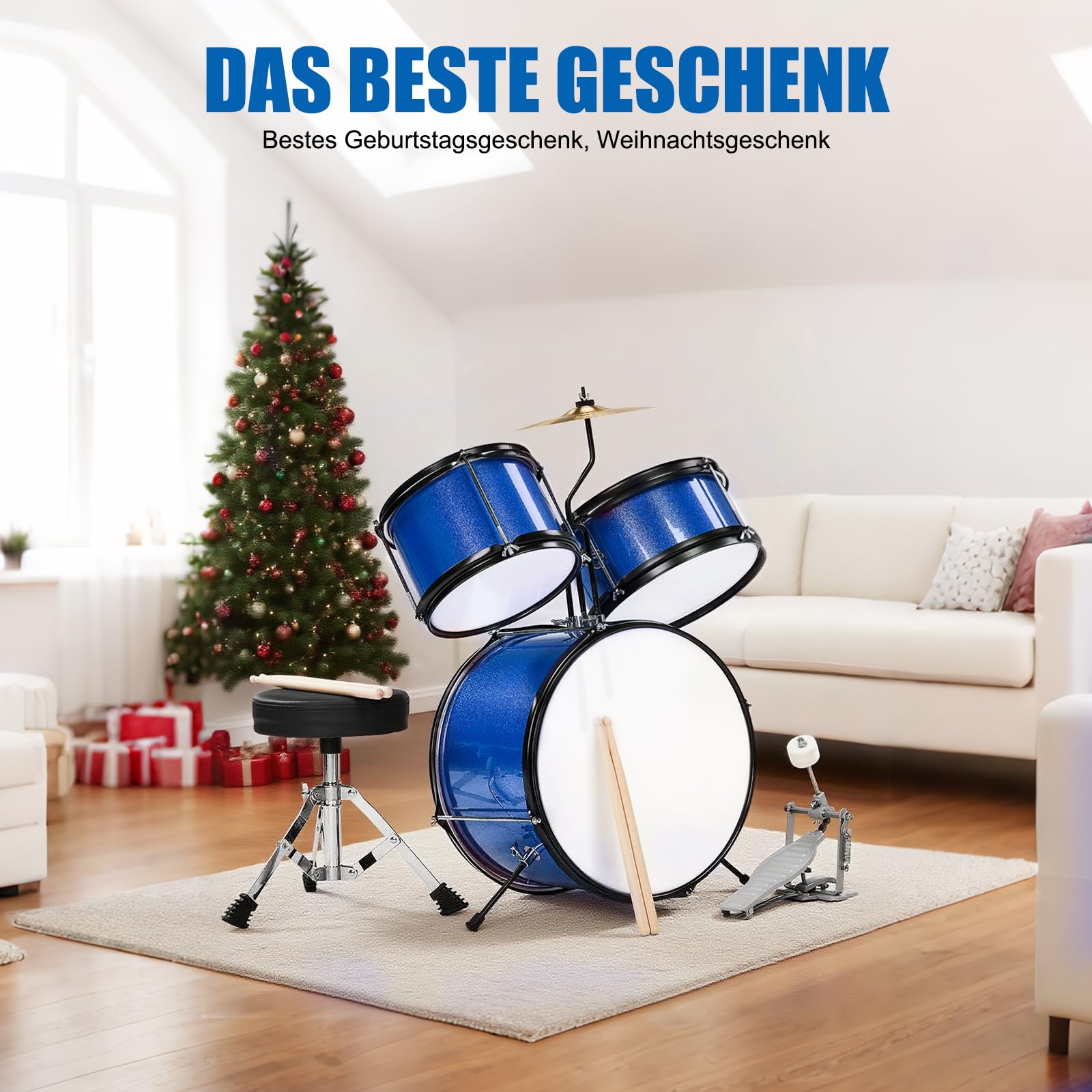 LEADZM Schlagzeug Set 14'' für Kinder ab 3 Jahren mit Hocker, Bassdrum-Pedal und 2 Drumsticks, Becken, Tom und Snare Drum (Dunkelblau)