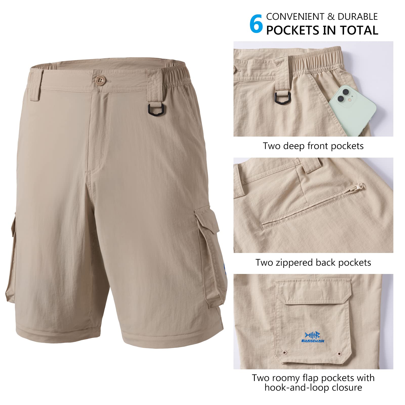 Bassdash Pantalones Convertibles de Secado Rápido para Exteriores con Cremallera para Hombre,Ligero y Resistente al Agua con Protección Solar UPF50+