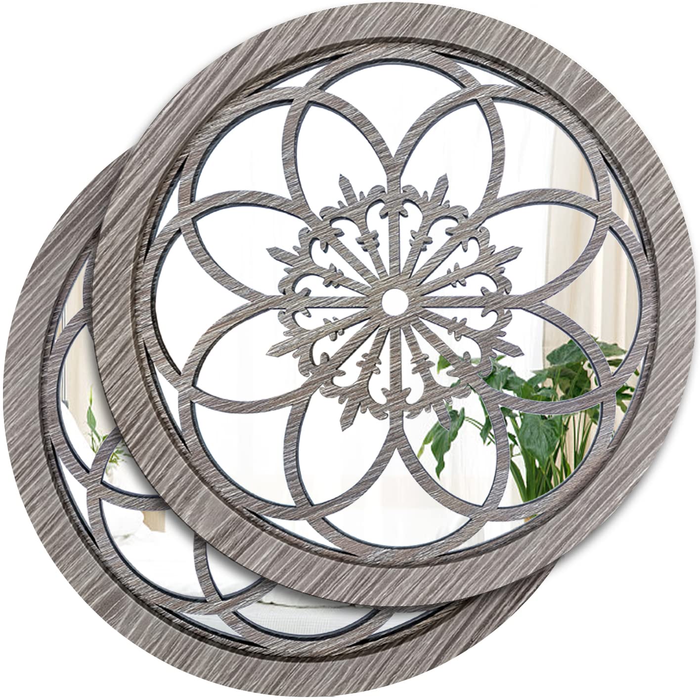 ZOLAPI 20inch 2 PCS Round Wall-Mounted Mirrors,Vintage Farmhouse Mirror for Wall Decor,Barn Wood Color Decorative Accent Mirror for Foyer, Bathroom, Bedroom.