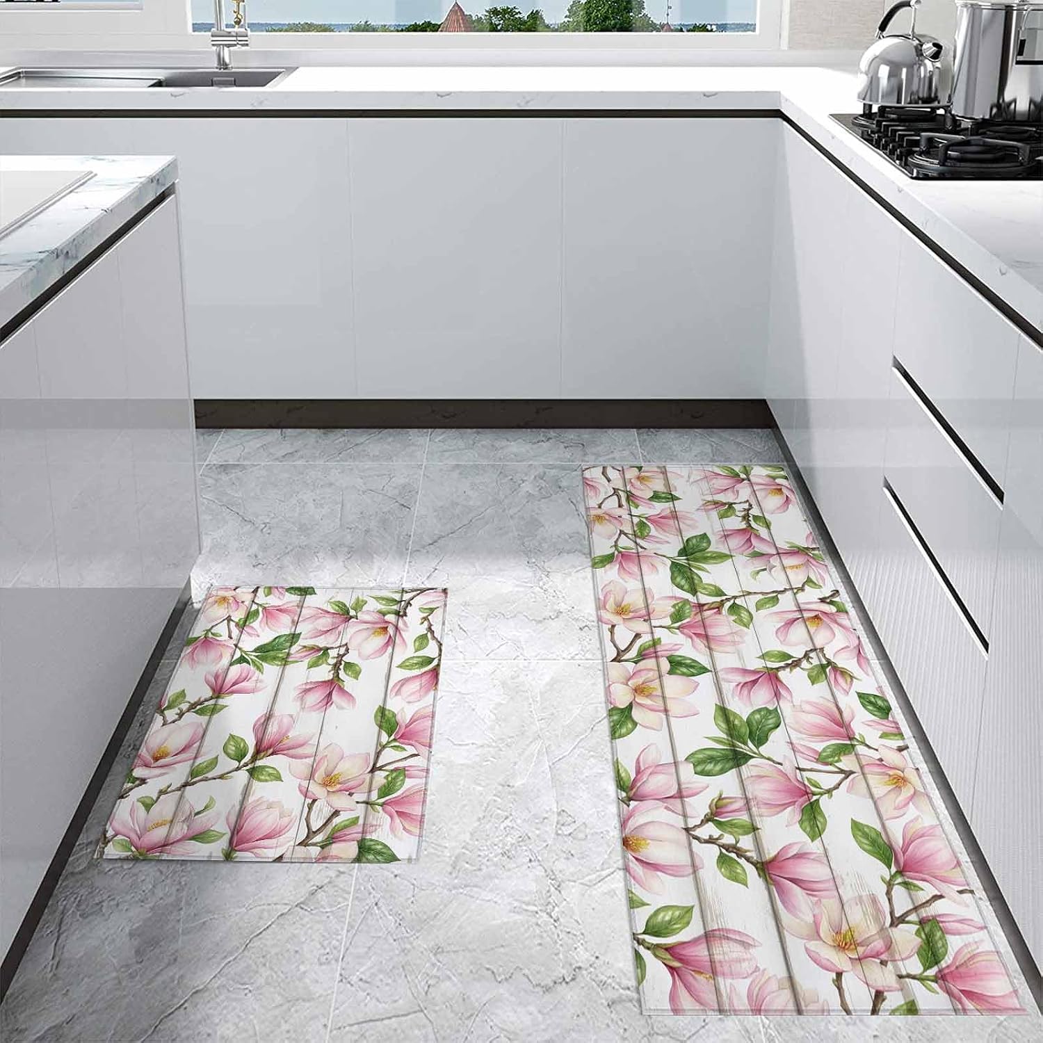 Kitchen Mats for Floor Watercolor Pink Magnolia Green Leaves Washable Non Slip Kitchen Rugs 2PCS, Vintage Wood Board Absorbent Standing Mats for Sink Office Living Room 15.7x23.6in+15.7x47.2in