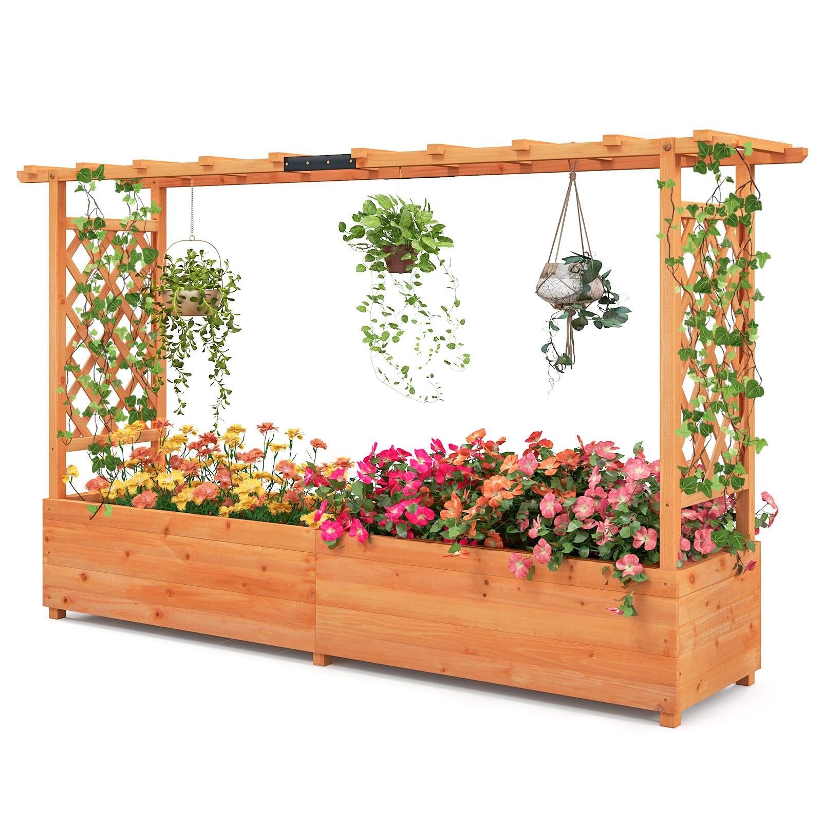 HOMASIS Jardiniere Exterieur Grande avec 2 Treillis et Etagère de Toit, Bac à Fleurs Surélevé en Bois pour Plantes Grimpantes, Jardiniere avec Treillis pour Jardin Balcon, 200x44x114cm, Orange