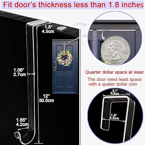 Miniatura 8 de Ganchos de corona de 15 pulgadas para puerta delantera, paquete de 2 ganchos para colgar sobre la puerta, para otoño, Navidad, corona, Halloween,