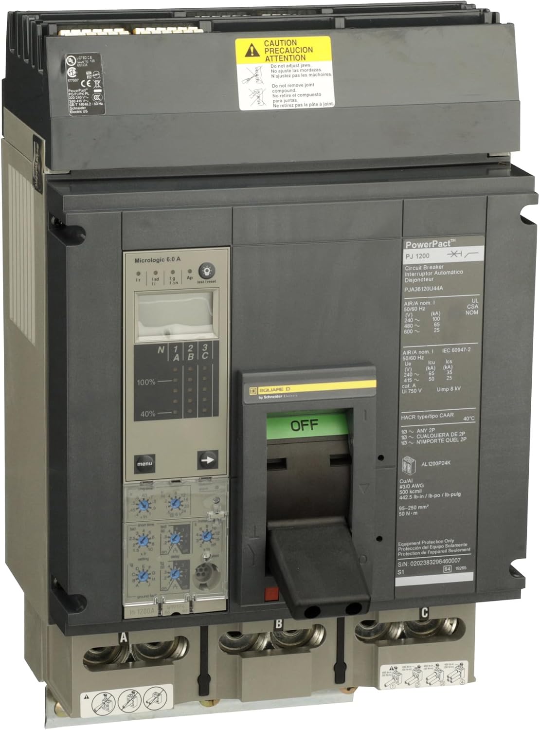 SCHNEIDER ELECTRIC PJA36120U44A Molded Case Circuit Breaker 600V 1200-Amp Manual Starter Busbar 600Vac 63Amp Iec
