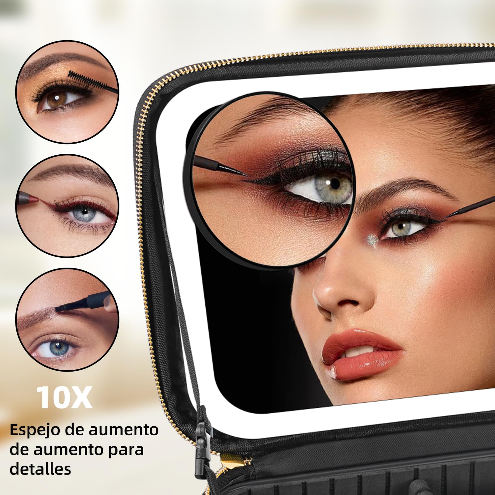 Bolsa de Maquillaje de Viaje Bolsa de cosméticos Bolsa organizadora de Maquillaje con Espejo Iluminado Grande 3 Modos de Color Brillo Ajustable, Impermeable PU Cuero Maquillaje Viaje Tren Caso