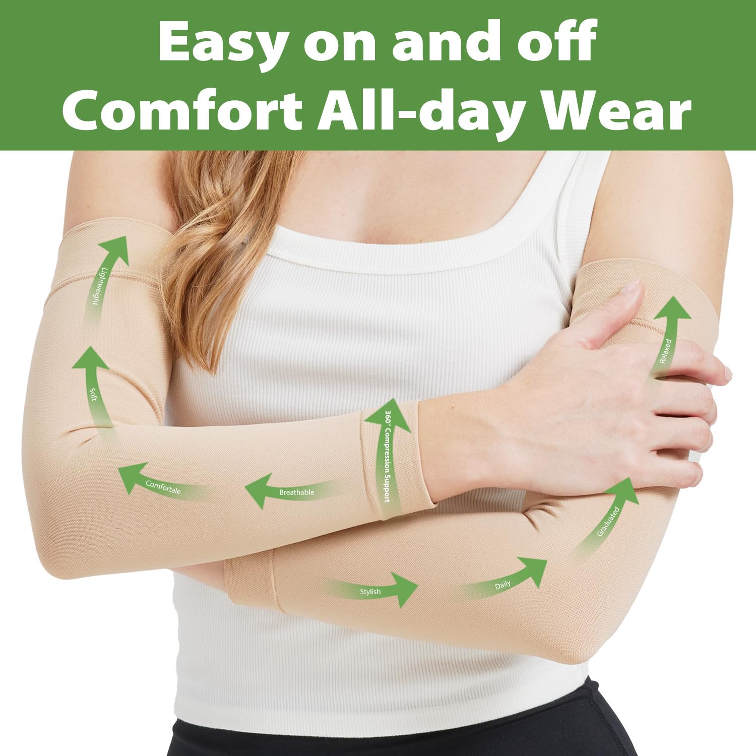 Manchons de compression pour lymphœdème pour femmes, 20-30 mmHg soutien complet du bras pour la récupération du gonflement et la circulation