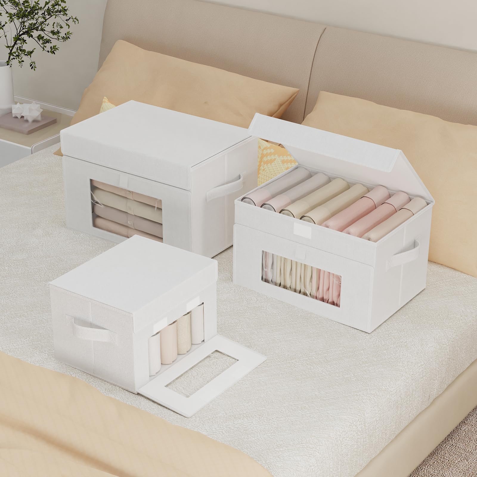 Scatole Portaoggetti con Coperchio, 26x20x17 cm, Bianco, Set di 4 ﻿ | Scatole con Maniglie Robuste e Finestra Trasparente, Pratiche Unità Di Organizzazione Domestica, Contenitori Pieghevoli