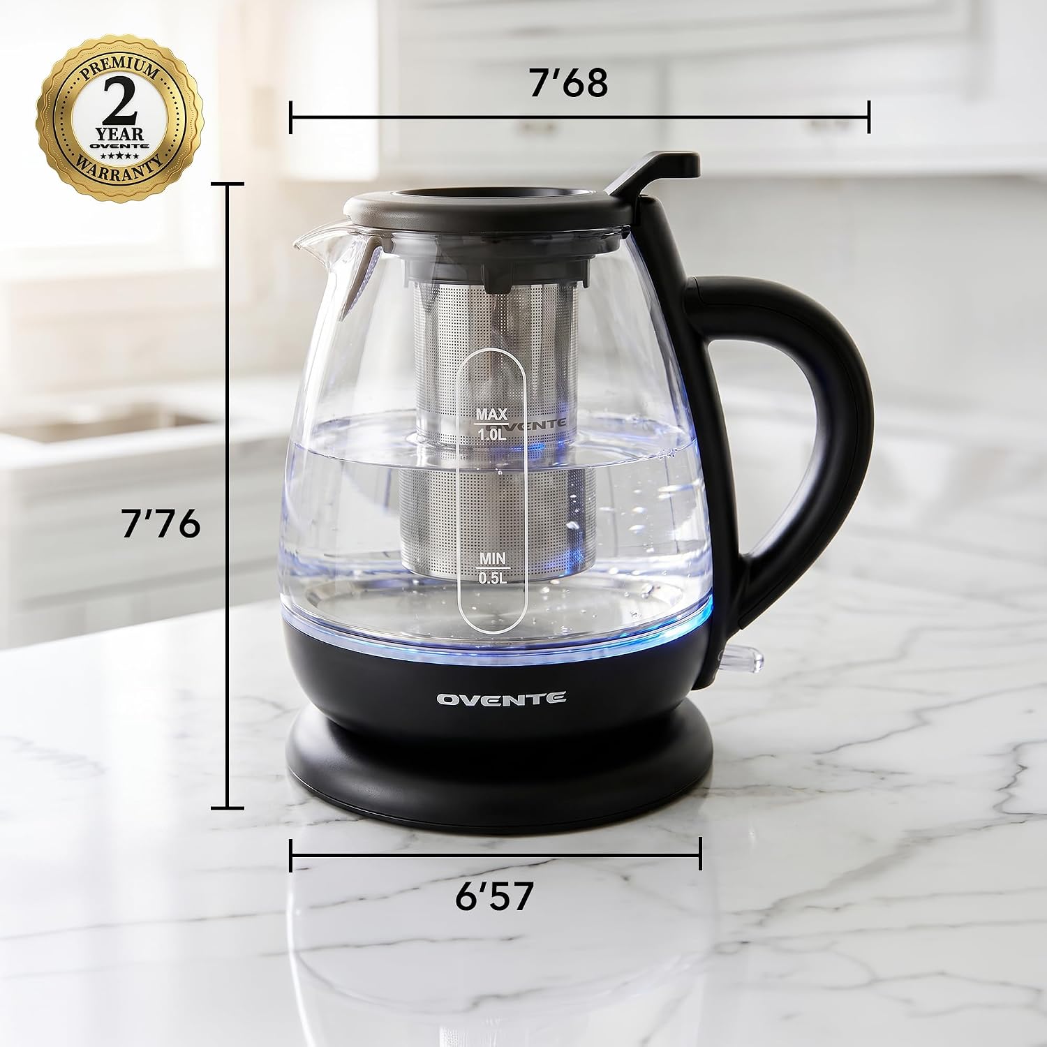 OVENTE 1L Glass Electric Kettle with Tea Infuser, Black KG151B