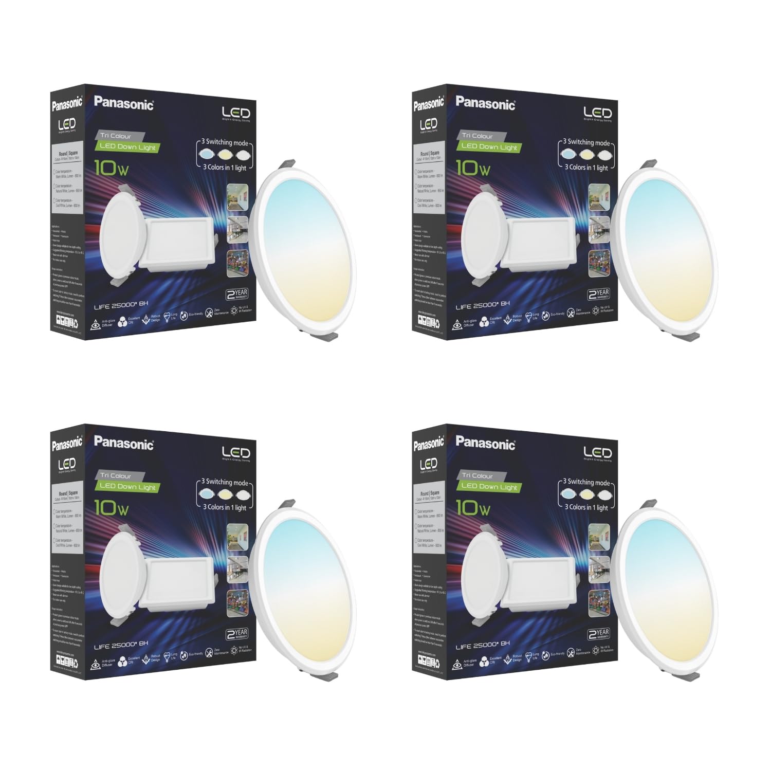 Panasonic 10W 3 in 1 Colour Led Round Downlight, Tri Colour Recessed False Ceiling Light for Home, Office with 100mm Cutout, (Cool, Natural & Warm White -PDLM0110CNW-4)