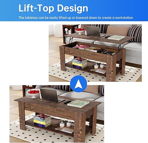 Miniatura 13 de PayLessHere Mesa auxiliar elevable con compartimento oculto y estante de almacenamiento, mesa de comedor de madera para sala de estar y hogar Negro