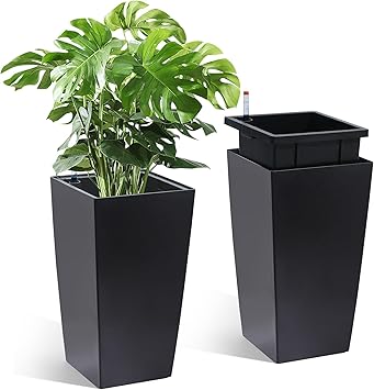 Garvee 16" Tall Planters Set of 2, Outdoor&Indoor Black Planter Pots, High Front Porch Planter Pots with Drainage Holes&Water Level Monitor&Inner Bucket,Black