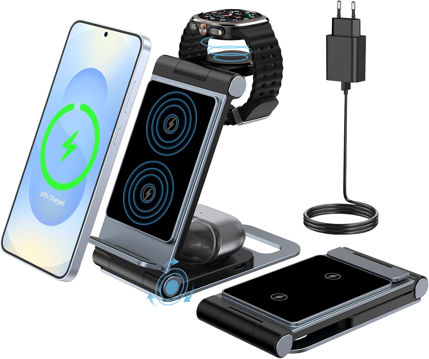3 in 1 Foldable Wireless Charger for Samsung Galaxy S25 Ultra Plus S24 Ultra S23 Ultra S22 Ultra Z Flip Z Fold 7 6 5 4 for Galaxy Watch 8/Ultra/7/6/Classic/5/Pro/4 for Galaxy Buds Adapter 20W