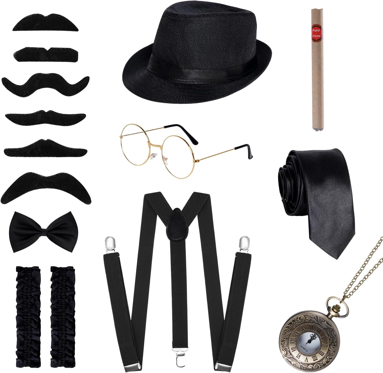 Ishua1920s Men Costume Accessories, 15 pcs Old Men Gangster Costume Set, Roaring Retro Mens Gatsby Accessories 1920s
