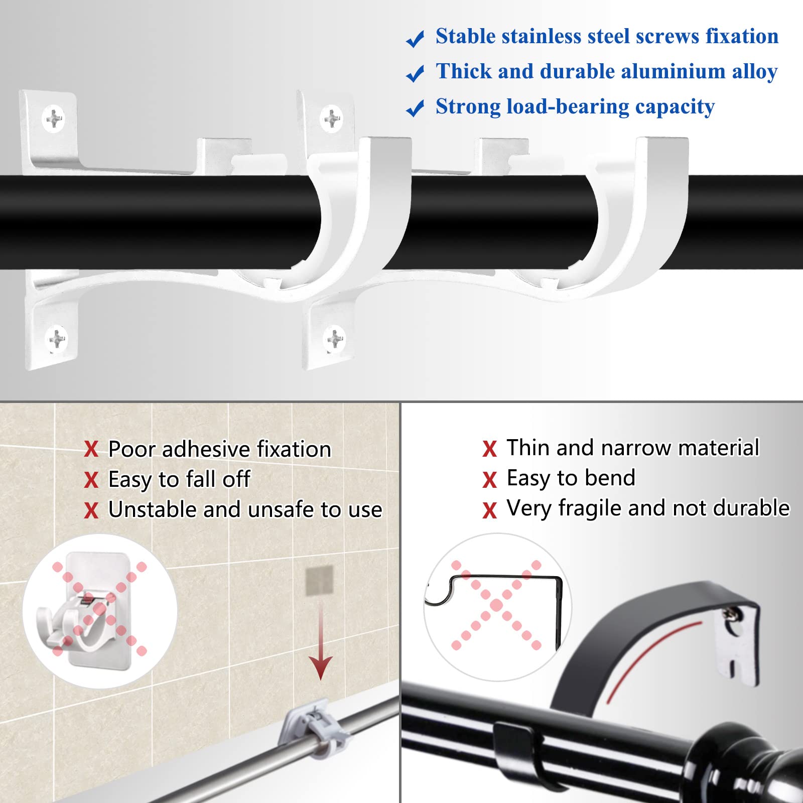 TOKPLNU 6 Pack Curtain Pole Brackets, Heavy Duty White Curtain Rail Brackets, Aluminum Alloy - Image 4