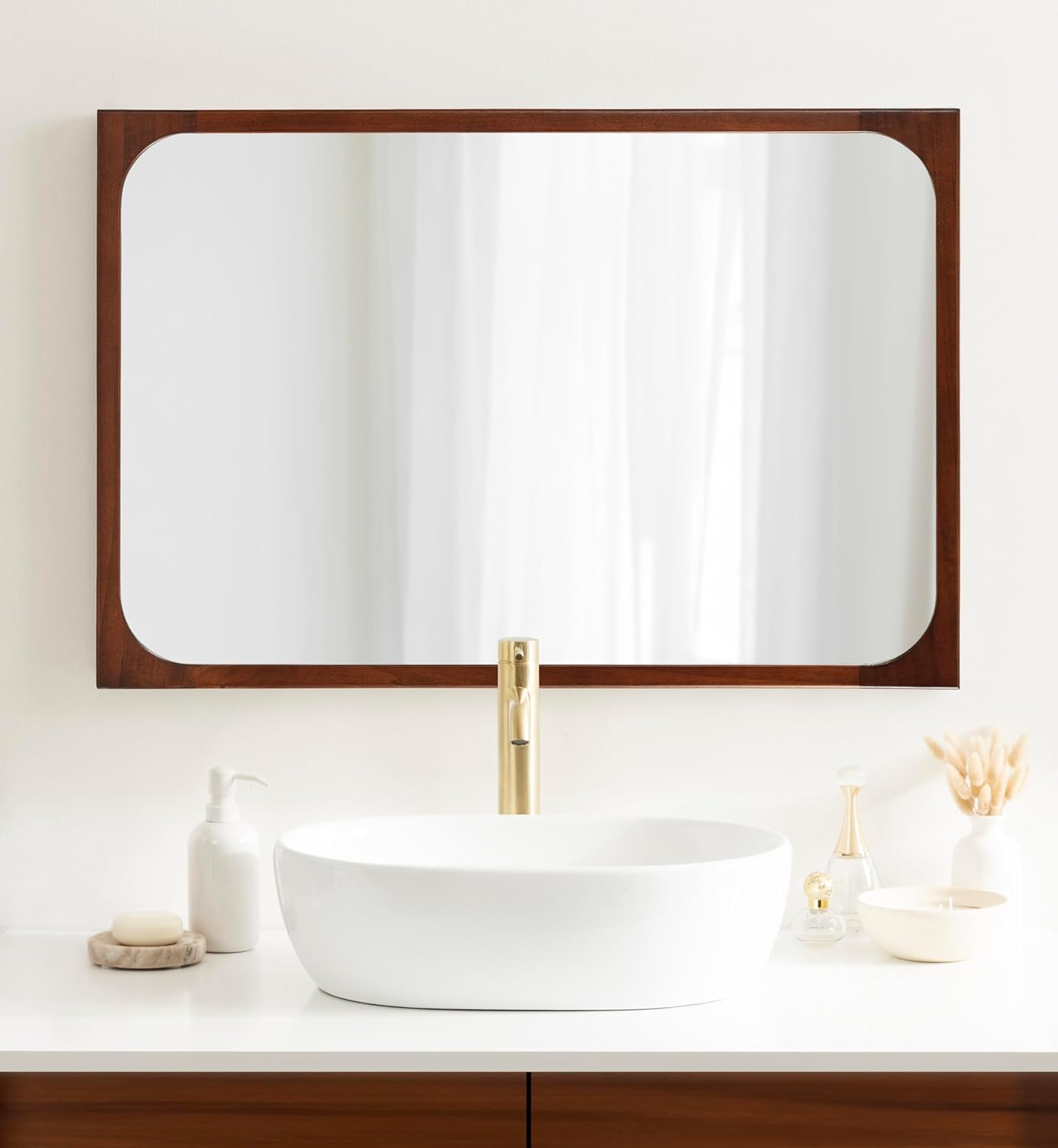 Kate and Laurel Kenai Modern Rectangle Wooden Wall Mirror; 24 x 36; Walnut Brown; Decorative Wood Rectangular Mirror for Use as Bathroom Vanity Mirror or in Living Room; Entryway; or Bedroom
