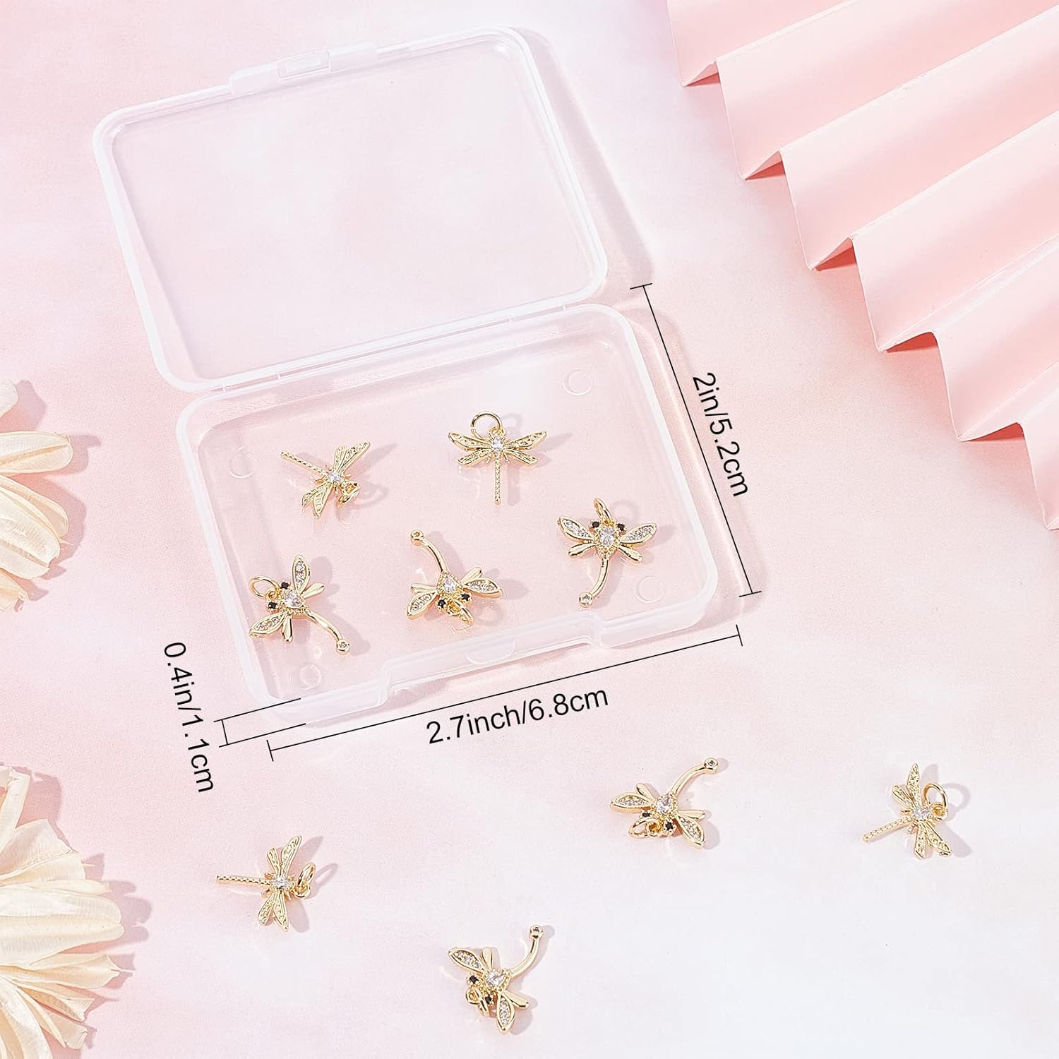 Beebeecraft 12Pcs/Box 2 Style Dragonfly Charms 18K Gold Plated Brass Flying Animal Charms with Clear Cubic Zirconia Insect Animal Pendants for Spring Summer Bracelets Necklace - Image 7