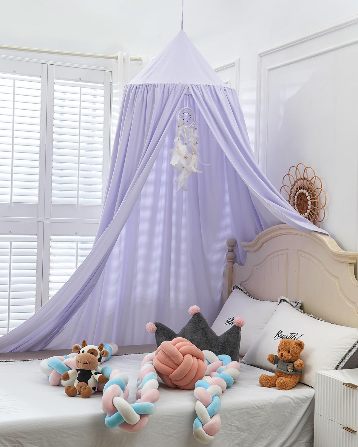 Surwin Ciel de Lit pour Bébé Enfants, Moustiquaire Ronde Rideau Baldaquin Dôme Princesse Tente de Lit, Dressing Maison de Lecture Maison de Jeux Décoration Chambre d'enfant Filles - Violet