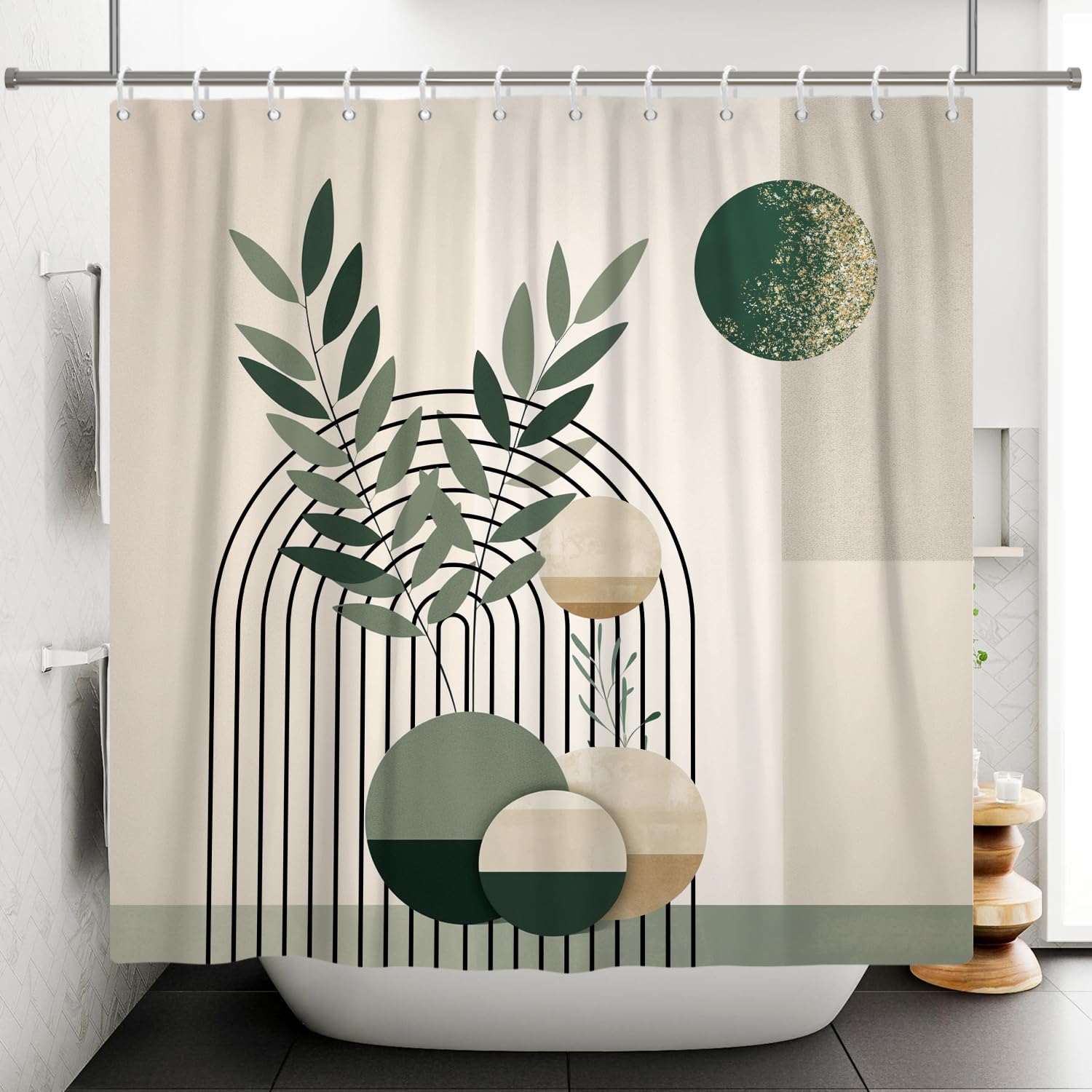 Tenda Doccia Boho 180x180 Cm – Tessuto Impermeabile Lavabile Con Stampa Foglie Tropicali, Verde E Oro, 12 Ganci Inclusi