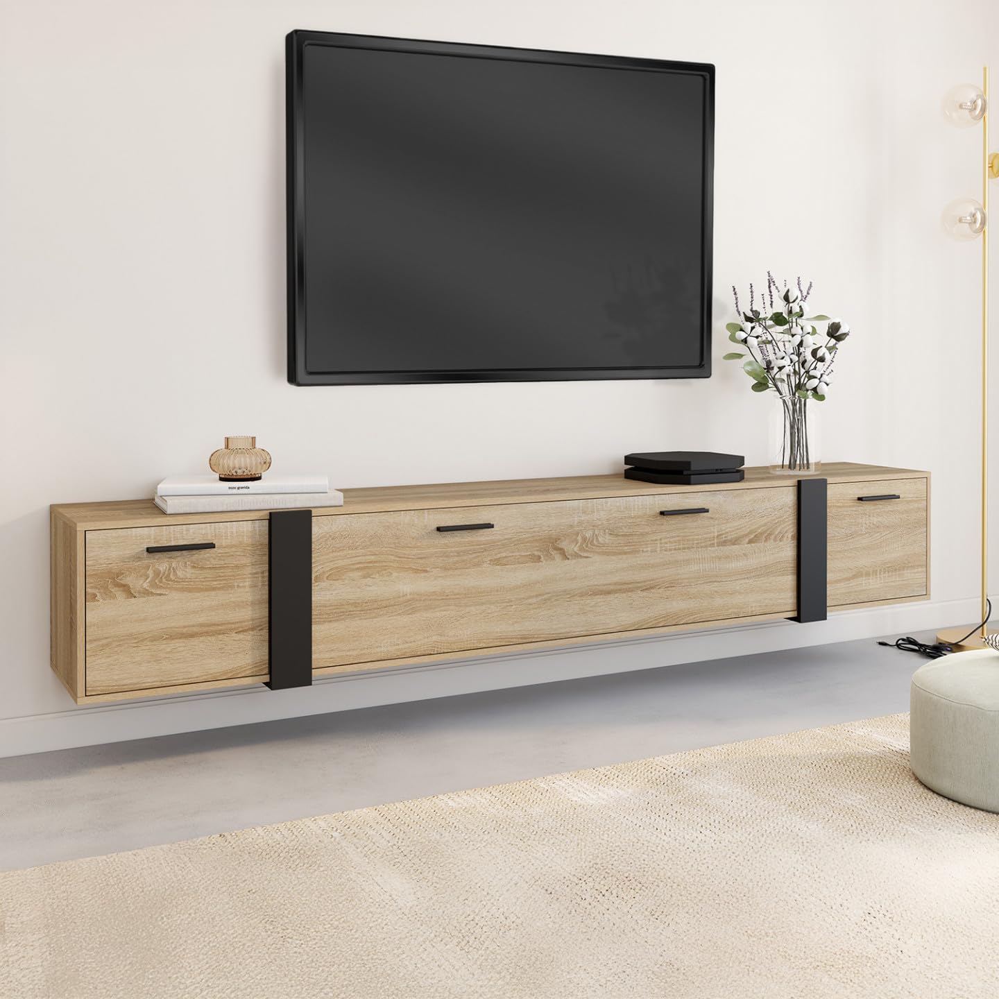 IDMarket - Meuble TV 180 cm Suspendu Phoenix 3 Portes Design Industriel