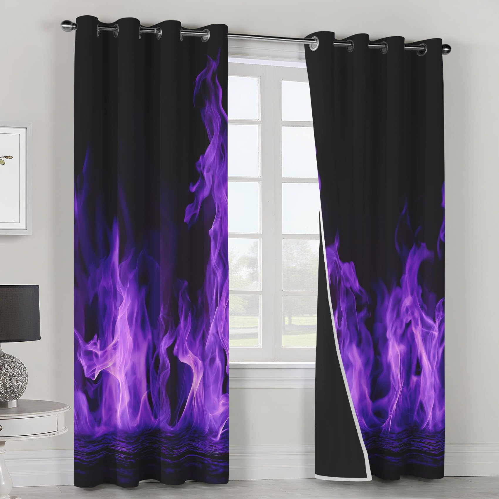 Generisch Lila Flamme Vorhänge Wohnzimmer, Vorhang Blickdicht Feuer Lila Gardinen mit Ösen Schlafzimmer, Thermo Verdunklungsvorhänge 2er Set H160 x B140 cm pw&66