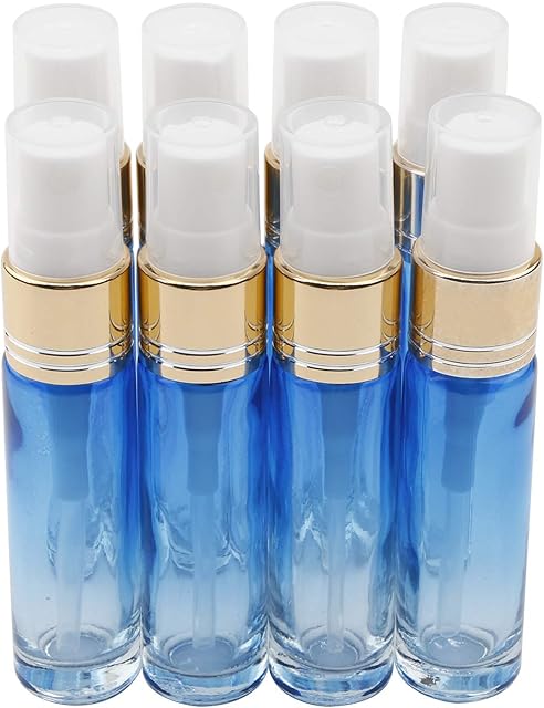Unxuey 10ml 8pcs Set Empty Glass Spray Bottle Fine Mist Glass Blue Gradient Atomisers Perfume Travel Vials for Liquid Fragrance Essential Oils
