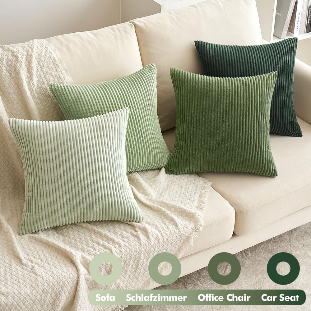 EMEMA Lot de 4 housses de coussin en corduroy d'automne, 60 x 60 cm, pour canapé, salon, chambre à coucher, vert sauge, série décorative