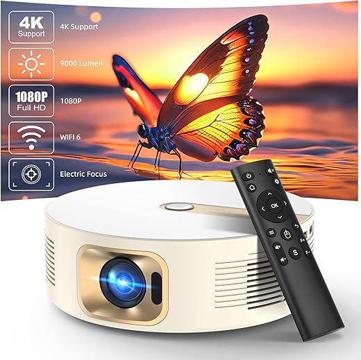 Projetor Smart 1080P 4k Full HD Portátil com Alto-Falante Integrado, 11000 Lm WiFi 6, Bluetooth 5.0 e Correção Automática - Ideal para Cinema em...