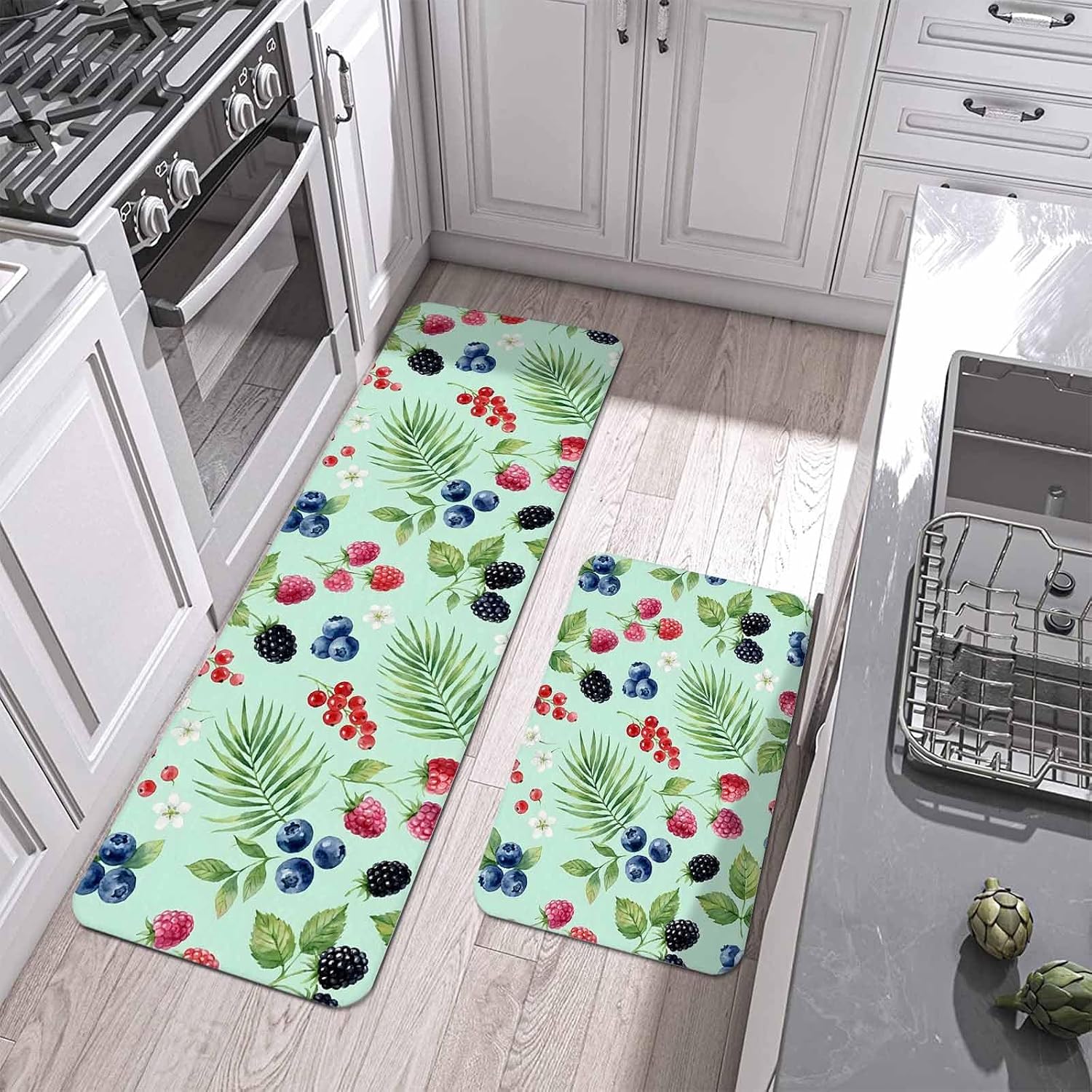 Prime Leader Summer Fruit Kitchen Mat Set 2 Pieces Blueberry White Flowers Green Leaf Red Raspberry Non Slip Kitchen Rugs Washable Runner Rug Mats for Sink Laundry (15.7" x 23.6"+15.7" x 47.2")