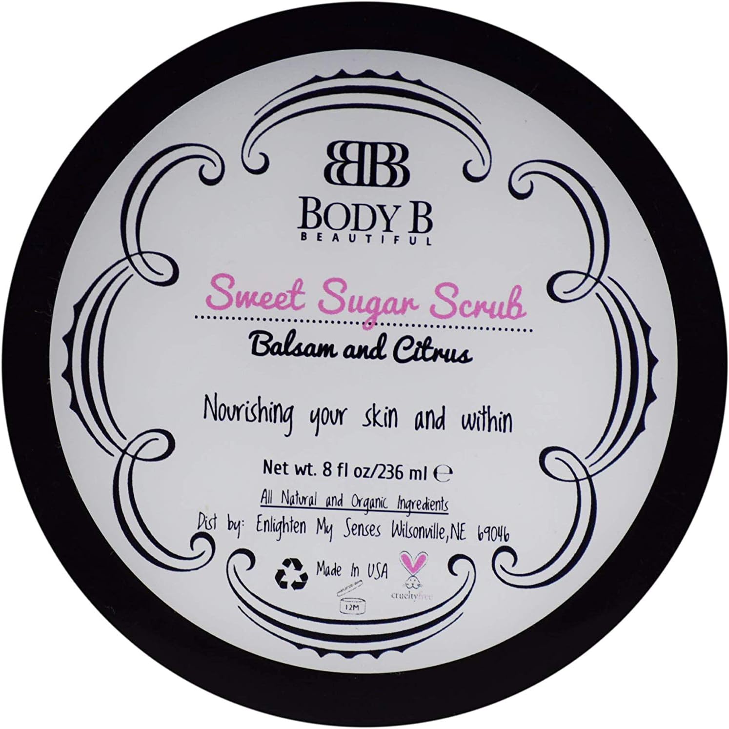 Body B Beautiful/Luxurious Sweet Sugar Scrub/Lasting Hydration/Exfoliating/Invigorating with All Natural and Organic Ingredients/Cruelty Free/Made In USA / 8oz