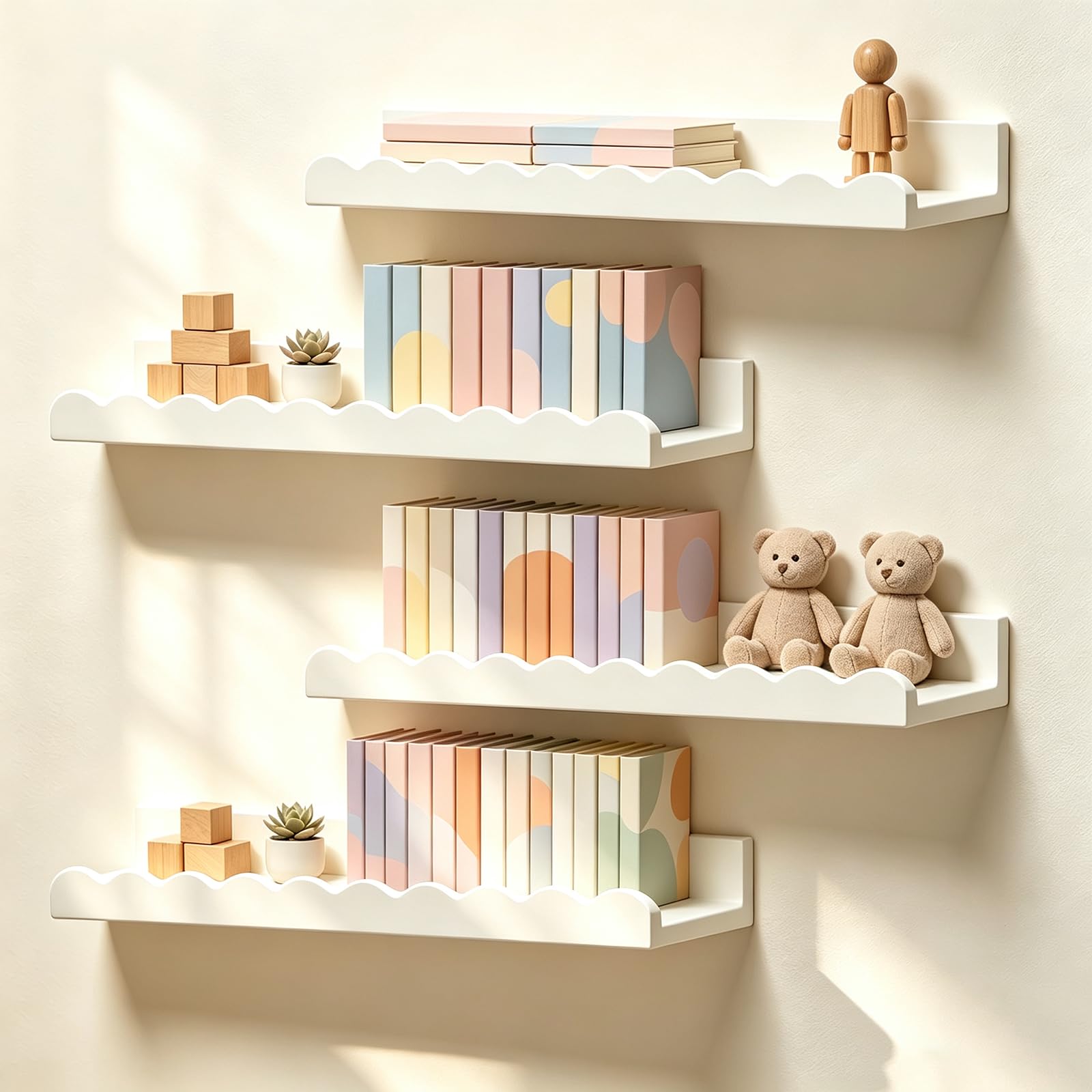 Fendyuz 4-pack Nursery Shelves, Scalloped Shelves for Wall, White Floating Book Shelves for Baby Room, Kids Bedroom and Toddler Room, 42cm