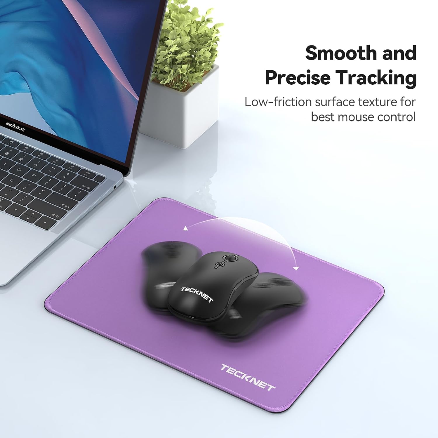 TECKNET Mouse Pad with Anti-fray Stitchin, Waterproof Surface & Non-Slip Rubber Base with Stitched Edges Gaming Mouse Mat for Laptop，Compatible with Laser and Optical Mice - Purple - 3