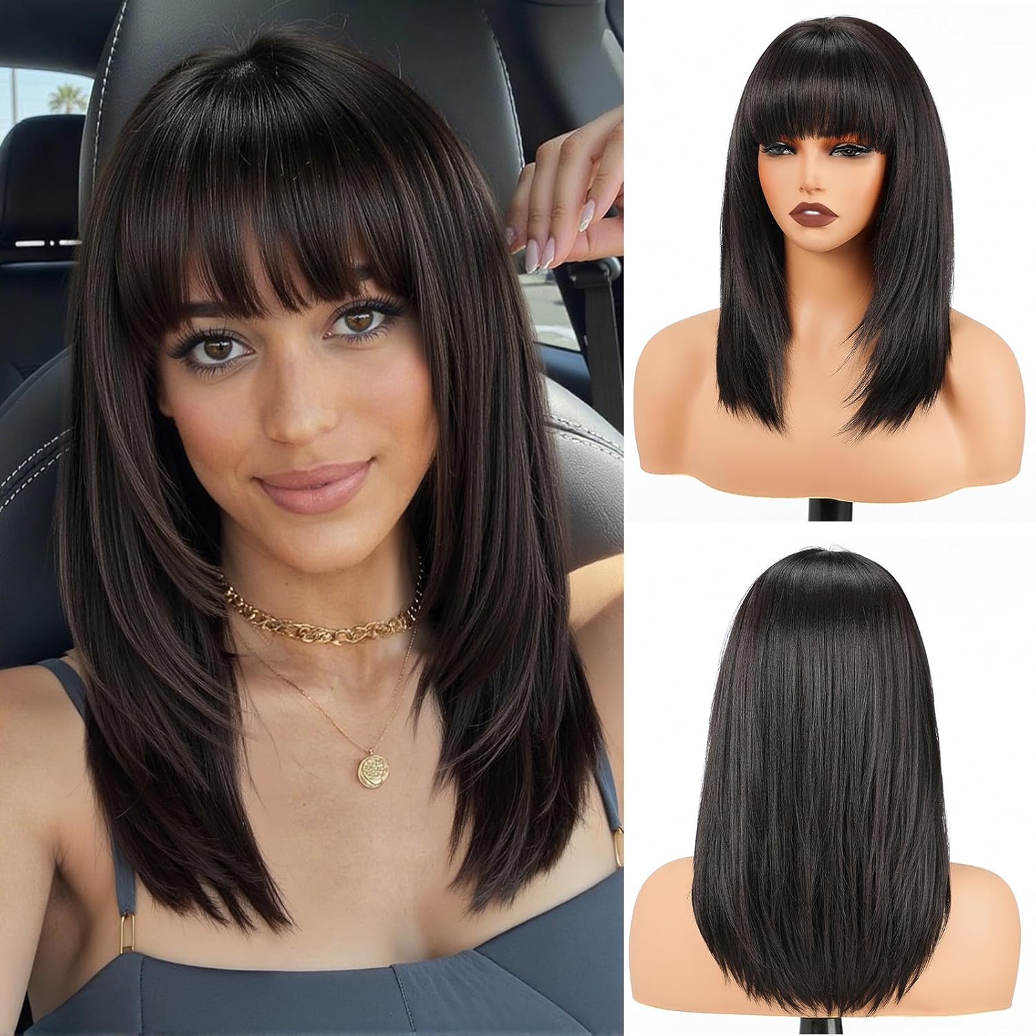 topshe Natural Black Wig with Bangs Straight Layered Wigs for Women Heat Resistant Synthetic Wig Shoulder Length Hair Natural Looking for Daily or Party Use 16 Inch