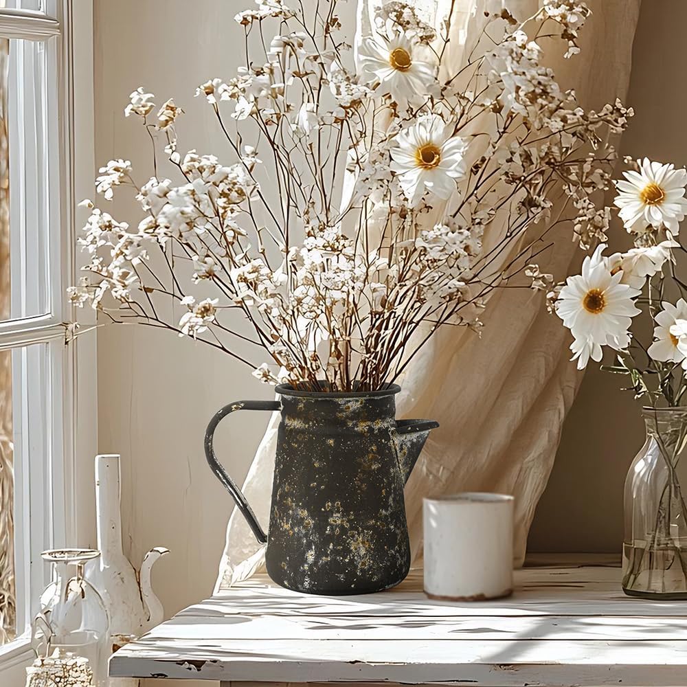 Vintage Pitcher Vase Rustic Farmhouse Vase for Flowers Vintage Metal Milk Jug Small Decorative Pitcher Shabby Chic Decor for Home, Kitchen, Bathroom, Brown - Image 6
