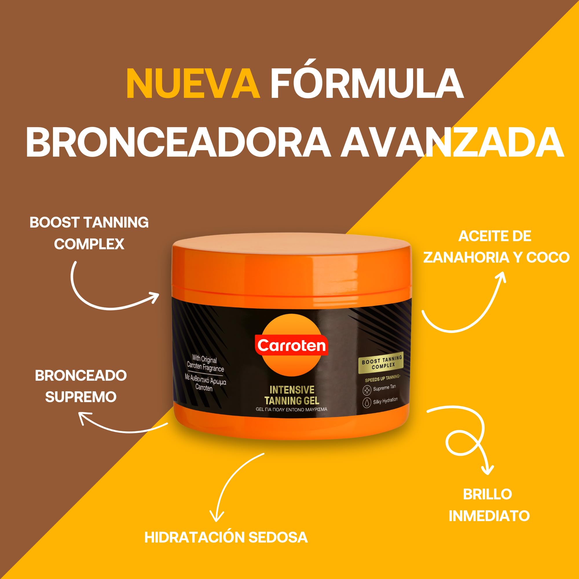 Carroten Intensive Gel Acelerador del Bronceado - Crema Bronceadora con Aceite de Coco y Vitaminas A y E - Potenciador del Bronceado para un Bronceado Rápido e Intenso, 150 ml
