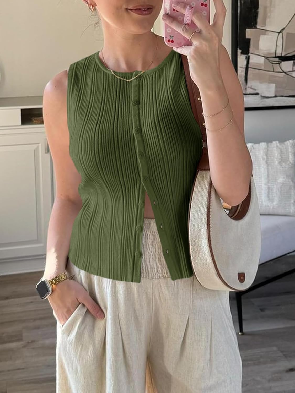 Saodimallsu Womens Sleeveless Sweater Vest Button Down Ribbed Knit Tank Top Scoop Neck Summer Trendy Vest Tops - Image 3