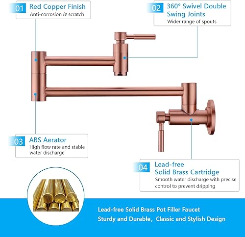 Miniatura 5 de Llenador de ollas Grifo de cobre para cocina, relleno de olla de latón para montaje en pared, plegable, elástico, brazo oscilante, doble junta,