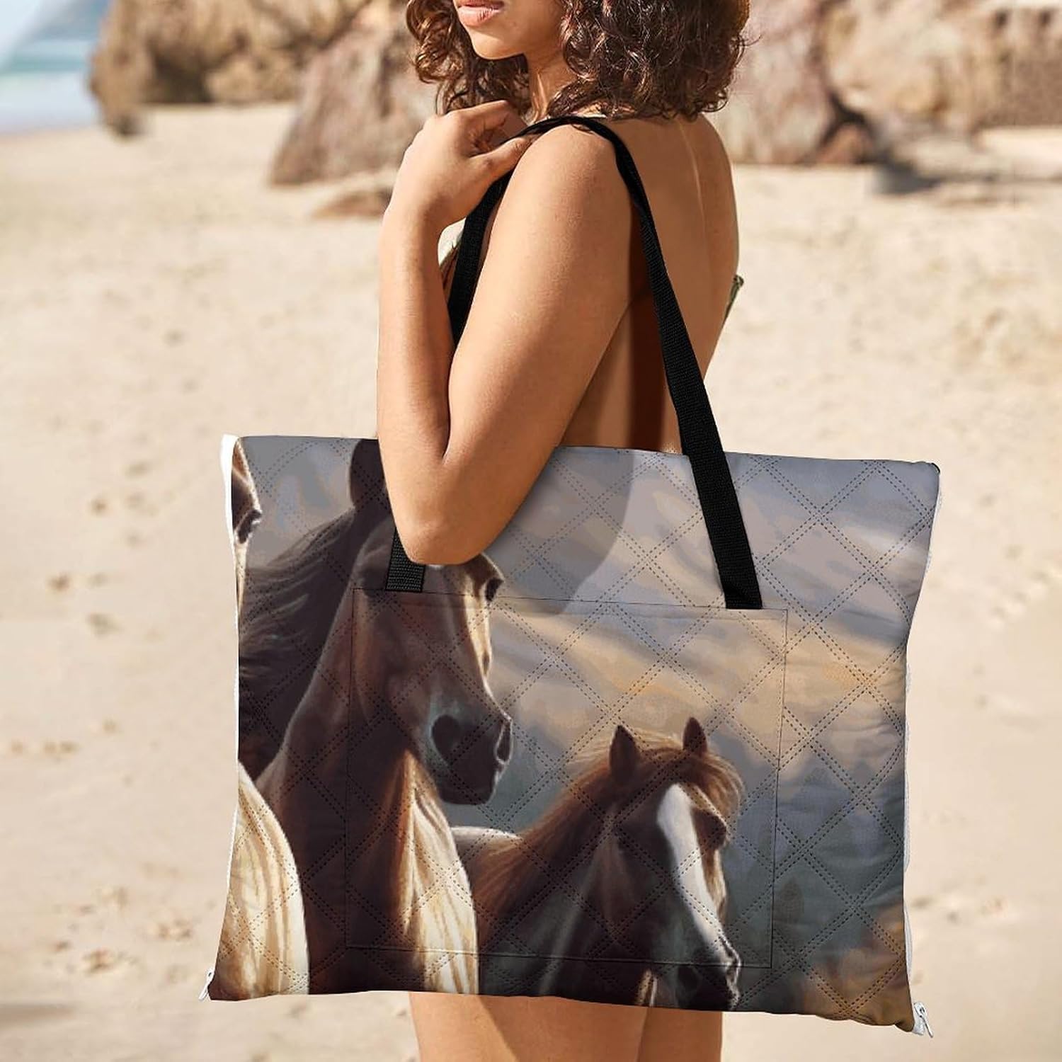 Horses Picnic Blanket with Zipper Water Resistant Sand Free Picnic Mat Washable Foldable Easy Carry Beach Blanket for Lawn Beach Hiking Camping