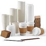[100 Pack] 12 oz Paper Coffee Cups, Disposable Paper Coffee Cup with Lids, Sleeves, and Stirrers, Hot/Cold Beverage Drinking Cup for Water, Juice or Tea, Suitable for Home, Shops and Cafes