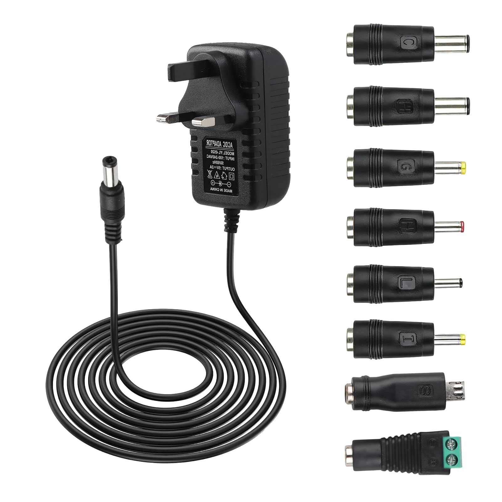 5V 2A Power Adapter Universal Power Supply Replacement, AC to DC 5v Adaptor with 8 DC Plugs,AC Adapter 100-240V 50 60Hz, 5 V Charger Adaptor for LED Strip, Router, TV Box, Audio, Speaker,Wall Charger
